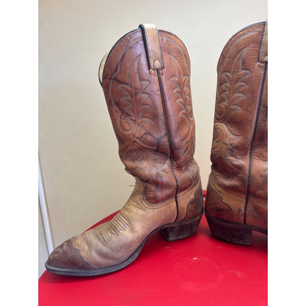 Vintage Tan‎ Brown Leather Western Cowboy Boots Pointed Toe Mens 9.5 D 71629 - Picture 6 of 12